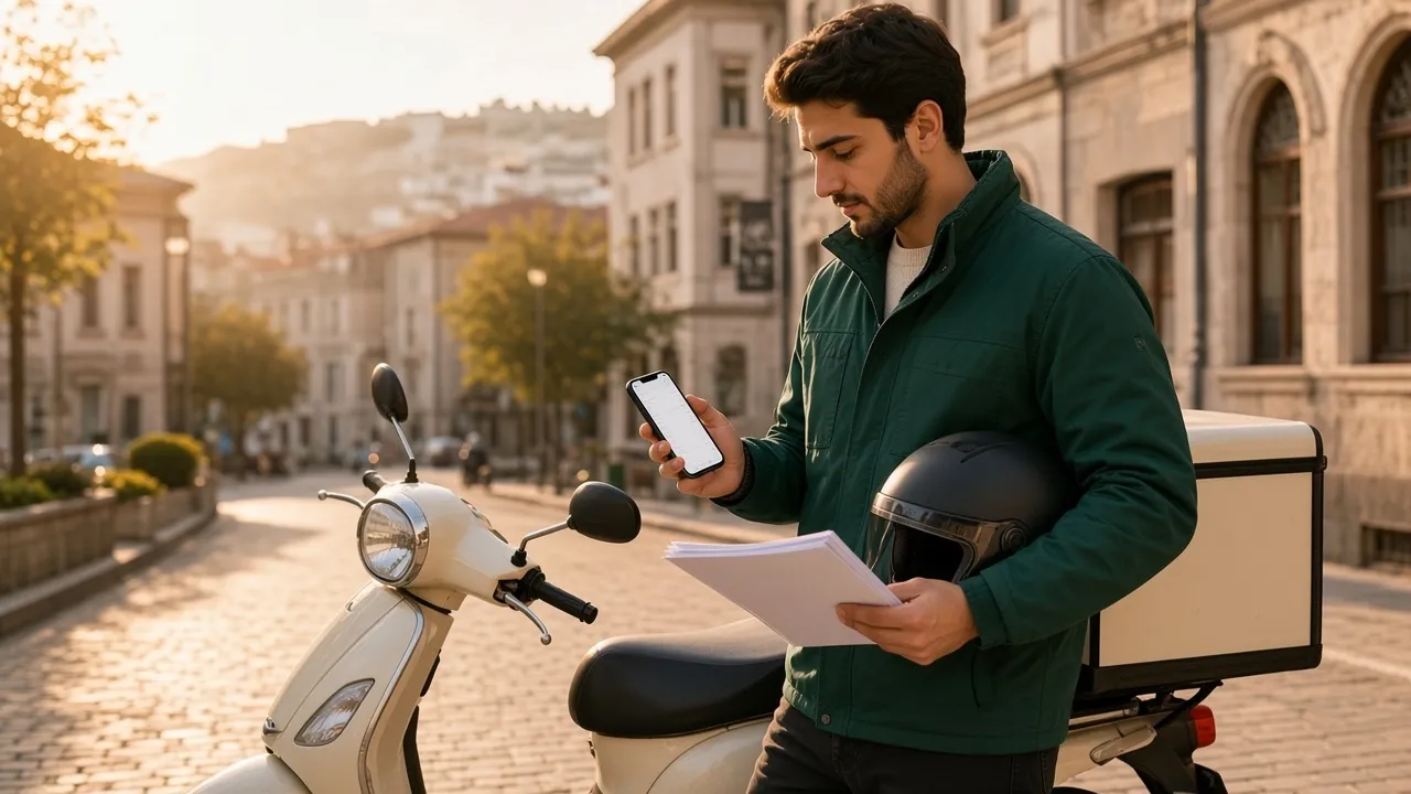Motosikleti yanında belgelerini kontrol eden moto kurye