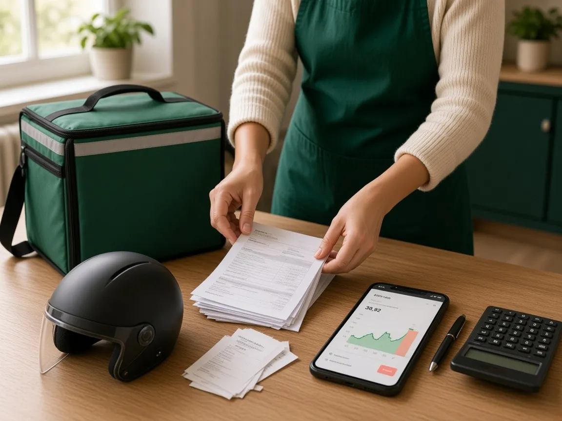 Courier helmet, delivery bag and organised invoices and receipts